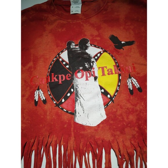 Cankpe Opi Takini Fringed Native Indian Tshirt Red Bleached tee Med Custom - Picture 3 of 5